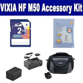 Canon VIXIA HF M50 Camcorder Accessory Kit includes: KSD2GB Memory Card, SDC-26 Case, ZELCKSG Care & Cleaning, PTBP718 Battery