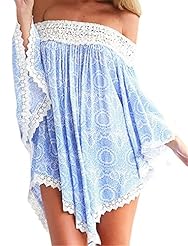 Sexy Floral Print Lace Short 3/4 Sleeves Off the Shoulder Shift Cotton  Dress