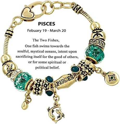 Pisces Charm Bracelet Z14 Clear Crystal Blue Green Murano Glass Zodiac Two Fish Feb March Gold Tone