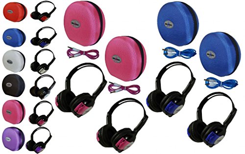 4 Pack Kid Sized Wireless Infrared Universal Car DVD IR Automotive Colored Adjustable 2 Channel Headphones With Case and 3.5mm Auxiliary Cord