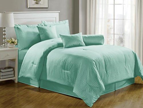 Chezmoi Collection 7-pieces Hotel Dobby Stripe Comforter Set, King, Turquoise