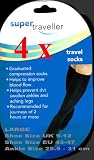 SUPER TRAVELLER COMPRESSION TRAVEL FLIGHT SOCKS Size 9-12, 43-47 LARGE Black - Pack of four