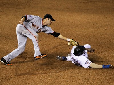San Francisco Giants v Texas Rangers, Game 3: Vladimir Guerrero,Freddy Sanchez Photographic Poster Print by Doug Pensinger, 18x24