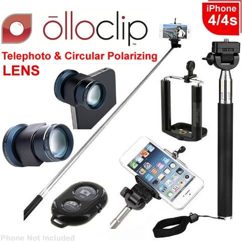 olloclip Telephoto &amp; Circular Polarizing Lens System iPhone 4/4s (OCEU-IPH4-TCP-B) &amp; Noot® Extendable Selfie Stick + Selfie Bluetooth Wireless Remote Bundle
