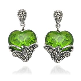 Sterling Silver Marcasite and Green Glass Heart Earrings by Amazon.com Collection