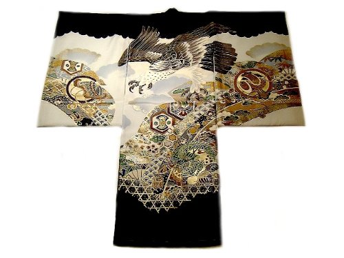 【正絹】 お宮参り着物　（初着・産着）　男児　M1-4　鷹に龍・黒地　　新品仕立上り　★もれなく５大特典付！