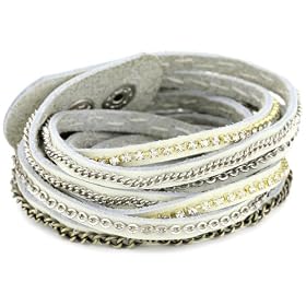 Presh Crystal Rhinestone Multi-Chain Eggshell Leather Wrap Br