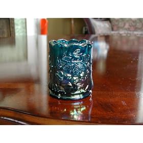 Bermuda Blue Carnival Glass Wreath & Cherry Toothpick Holder
