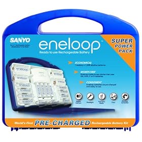 Sanyo NEW eneloop 1000 Super Power Pack with 12 AA, 4 AAA, 2 C and D Spacers, 4 Position Charger and Storage Case