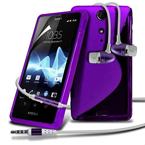 Sony Ericsson Xperia TX LT29i Purple S Line Wave Gel Case Skin Cover With LCD Screen Protector Guard, Polishing Cloth & Hands Free Earphone with Built in Microphone Mic & On-Off Button by Fone-Case