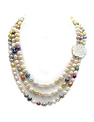 Candygem 22 Inch 9-6mm 3 Row Multicolor Freshwater Cultured Pearl Necklace with Mother of Freshwater Cultured Pearl Flower Clasp From Aaliyah Hongs New Designer Collection.