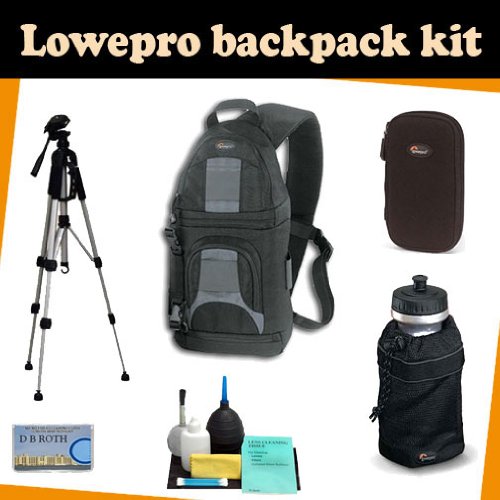 LowePro Backpack kit which includes the Lowepro Slingshot 100 All Weather Backpack (Black) + TR-60N Camera Tripod + DMC-Z wallet for memory card(s), batteries, Mini DV tapes and more + Lowepro Mesh Water Bottle Bag for 32oz. Size Bottles + Camera lens Cleaning kit + DB ROTH Micro Fiber Cloth.