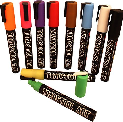 Liquid Chalk Markers by Toadstool Art -10 pk Bright Colors Ideal for Glass, Window or Any Non-Porous Surfaces - Great for Kid's Arts &amp; Crafts, Teachers, Office. Easy Wipe Off -Non Toxic