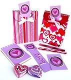 Set Of 2 Gift Bags - Each Bag Contains Raised Image 3-D Love Heart Bookmark, Notepad & Magnet With 2 Candy Sticks & 2 Premium Milk Chocolates
