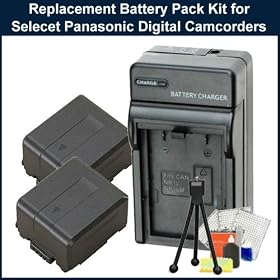 Replacement VW-VBN130 Battery Pack Kit for Panasonic HC-X800/ HC-X900/HC-X900M/HDC-HS900/HDC-SD800/HDC-SD900/HDC-TM900 Camcorders. Package Includes: 2 Replacement VWVBN130 Battery Packs, Rapid Travel Charger, Table Top Tripod, LCD Screen Protectors & Cleaning Kit