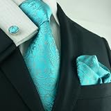Landisun 13C Light Blue Paisleys Mens Silk Tie Set: Tie+Hanky+Cufflinks