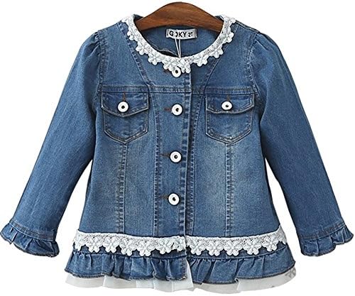 Nicoleshop Girls Jacket Denim Jean Lace Outerwear Long-sleeved Cowboy Coat Collarless (100-110cm)