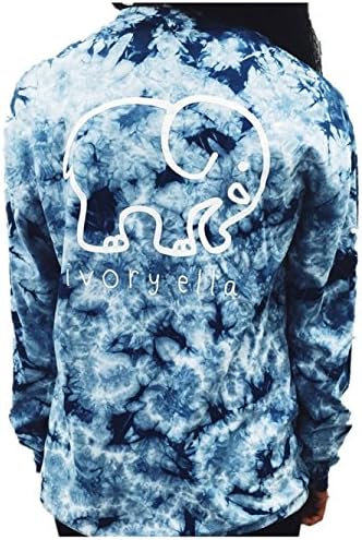 Women Long Sleeve Crew Neck Dyed Shirt Elephant Printed Pocket Tops