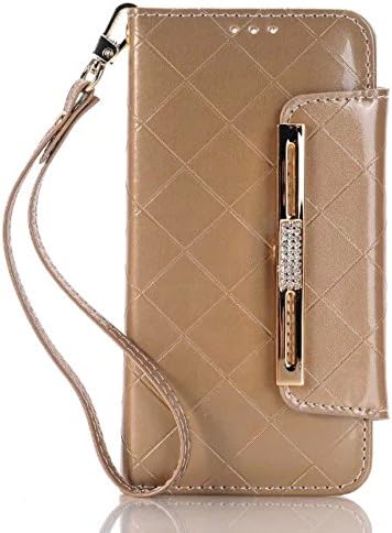 S7 Edge Case, LongRise® Grid Deluxe PU Leather Wallet Pouch Case for Samsung Galaxy S7 Edge with Wrist Strap and Diamond Buckle (Champagne Gold)