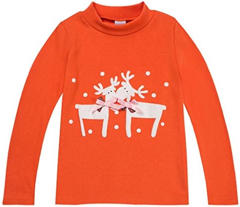 Girls Deer Printed Turtleneck Long Sleeve Tops Orange T shirts Pullover 5T