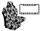 A Set of 2 Universal-fit Hawaiian Hibiscus Floral Print Front Bucket Seat Covers and Plastic Hibiscus License Plate Frame - Charcoal Black