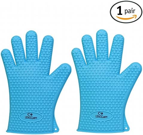 iDoCare Heat Resistant Silicone Gloves BBQ Grilling Gloves Oven Mitts - Most Flexible &amp; Waterproof - Best For Cooking, Baking, Frying, Smoking, Potholder &amp; Barbeque - For Men and Women - Blue