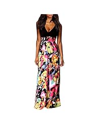 Sexy V-neck Cotton Elasticized   Waistline Sleeveless Floral Print Maxi Dress 