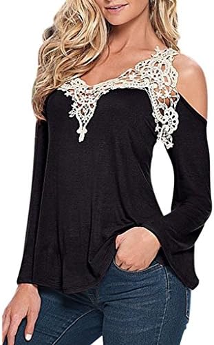 Leymor Womens Sexy V-Neck Lace Off Cut Out Shoulder Long Sleeve Tops Shirt XXXL Black