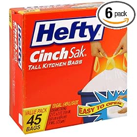 Hefty Cinch Sak Tall, 13 Gallon Kitchen Bags, 45 Count Boxes (Pack of 6)