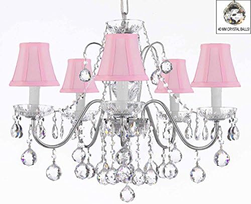 Hamilton Home Daniele Collection Chrome Finish Crystal Chandelier Lighting Chandliers with Crystal Balls and Pink Shades - Good for Dining Room, Foyer, Entryway