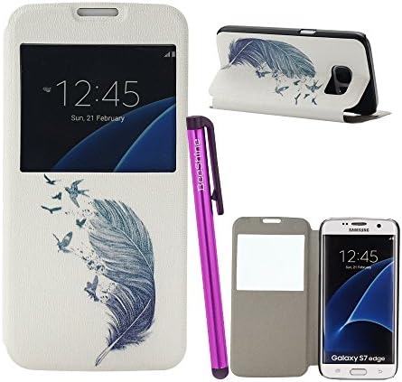 Galaxy S7 Edge View Case, BeeShine Magnetic Flip View Window Style PU Leather Case Flap Pouch Wallet Cover for Samsung Galaxy S7 Edge W/ Screen Touch Stylus Pen (Free Feather)
