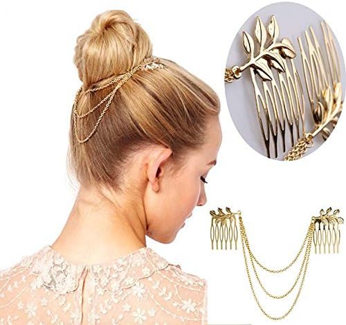 YSTD® Womens Personality Golden Tone Leaf Hair Cuff Chain Comb Headband Hair Band
