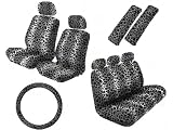 14 Piece Safari Animal Print Automotive Interior Gift Set - 2 Low Back Front Bucket Seat Covers with Separate Headrest Cover, 1 Steering Wheel Cover, 2 Shoulder Harness Pressure Relief Cover, 1 Bench Cover and 3 Rear Headrest Covers - Snow Leopard