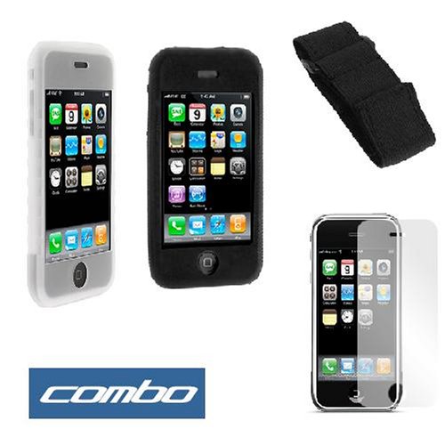 Durable Flexible Soft Black + Clear Silicone Skin Case + Premium Reusable LCD Screen Protector + Armband for Apple Iphone 1st Gen (NOT for iPhone 3G) Smartphone 1st Generation