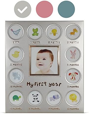 Baby's My First Year Picture Frame - Available In 3 Colors - Silver/Blue/Pink - Larger Collage Picture Openings (Silver)