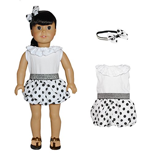 Doll Clothes - White Polka Dots Dress with Head Band Set Fits American Girl Doll, My Life Doll, Our Generation and other 18 inch Dolls
