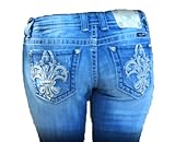 Womens Miss Me Jeans NEW White Fleur De Lis Design Boot Cut Designer Jeans Medium Wash/Distressed - Crystal Accents Open Pocket, 27