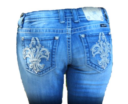 Womens Miss Me Jeans NEW White Fleur De Lis Design Boot Cut Designer Jeans Medium Wash/Distressed - Crystal Accents Open Pocket, 27
