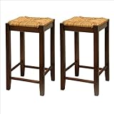 Set of 2 Walnut Finish 24"H Woven Rush Seat Bar Stools