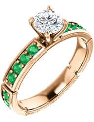 18K Rose Gold Round Cut Diamond and Emerald Ring -- LIFETIME WARRANTY