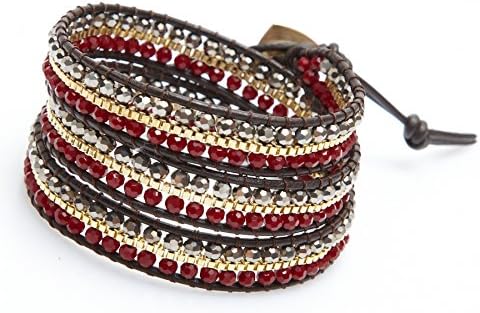 Brown and Deep Red 3x Wrap Bracelet Sparkling Silver Beads with Gold Metal Interior Row, 21