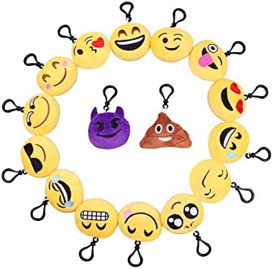 Wellarge Emoji Plush Pillows Key Chian, SYZ Soft Mini Smile Yellow Face Bedding Pillow Party Supplies Favors for Kids Novelty Graduate Prizes Poop Key Chain Bag Decorations Clip Toy 2 Inches (16 PACK)