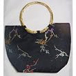 Bamboo Handle Synthetic Silk Plum Blossom Branch Handbag - Black