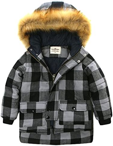 HHUU Baby Boys Kids Warm Jacket Tartan Plaid Hoodie Outwears Coat-Black & White-5-6 Years