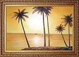 Beachside Palm Trees Under Golden Sunset Oil Painting, with Exquisite Dark Gold Wood Frame 30.5 x 42.5 inches