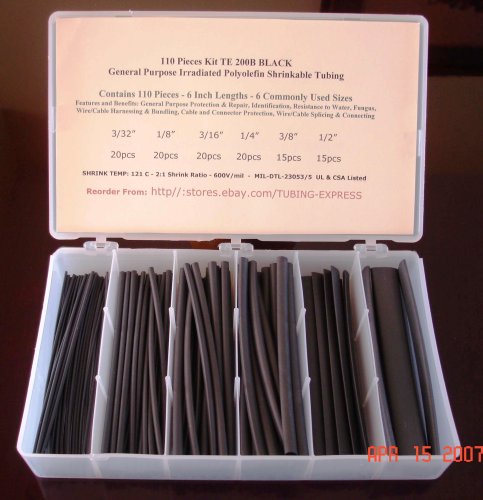 Cover image : 110 Pieces Black 2:1 6 Sizes Heat Shrink Tubing Kit 3M Compatible