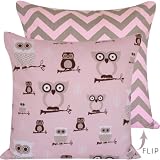 Olive the Owls Collection - Designer 18x18 Square Boutique Throw Pillow Covers - Owls with Zig Zags - Gray, Beige, Brown, White and Pink