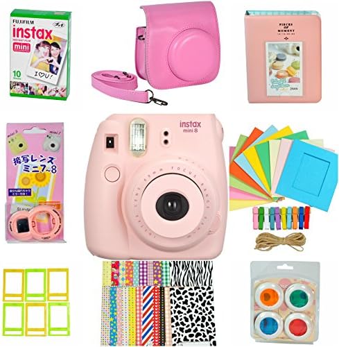 Fujifilm Instax Mini 8 Camera and Accessories Set -9 Items- PINK (Camera + Case + Album + Close Up Lens + Selfie Lens + Mini Frames + 10-sheet Print Pack + Polaroid Stickers + Wall Hanging Frame)