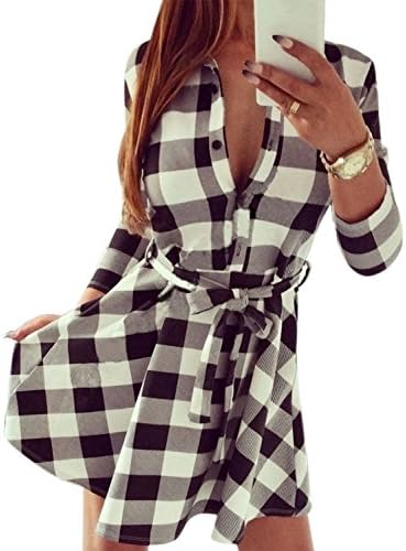 Yanayang Ladies Plaid Check Belt Shirt Skater Dress 3/4 Sleeve Slim Button Dress (Medium, Plaid)