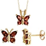 10k Yellow Gold 18' Chain, w/ 3/8' (10mm) tall Butterfly Pendant & 5/16' (8mm) tall Earrings Set, w/ 1.20 Carats Garnet Stones